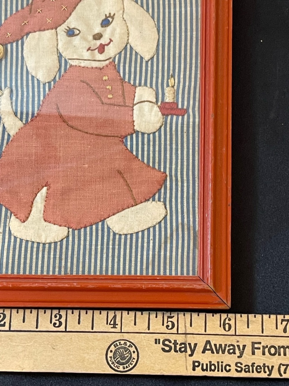 Handmade Vintage-Style Red Framed Appliqué Puppy Wall Art - Picture 3 of 5